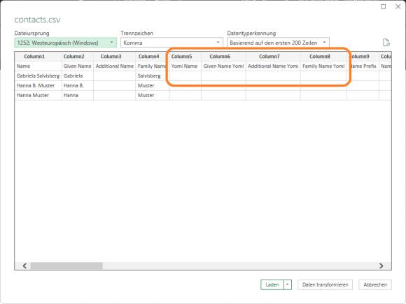 Der Import-Dialog der Google-Kontakte-CSV-Datei in Excel zeigt mehrere Spalten mit Bezug auf Yomi